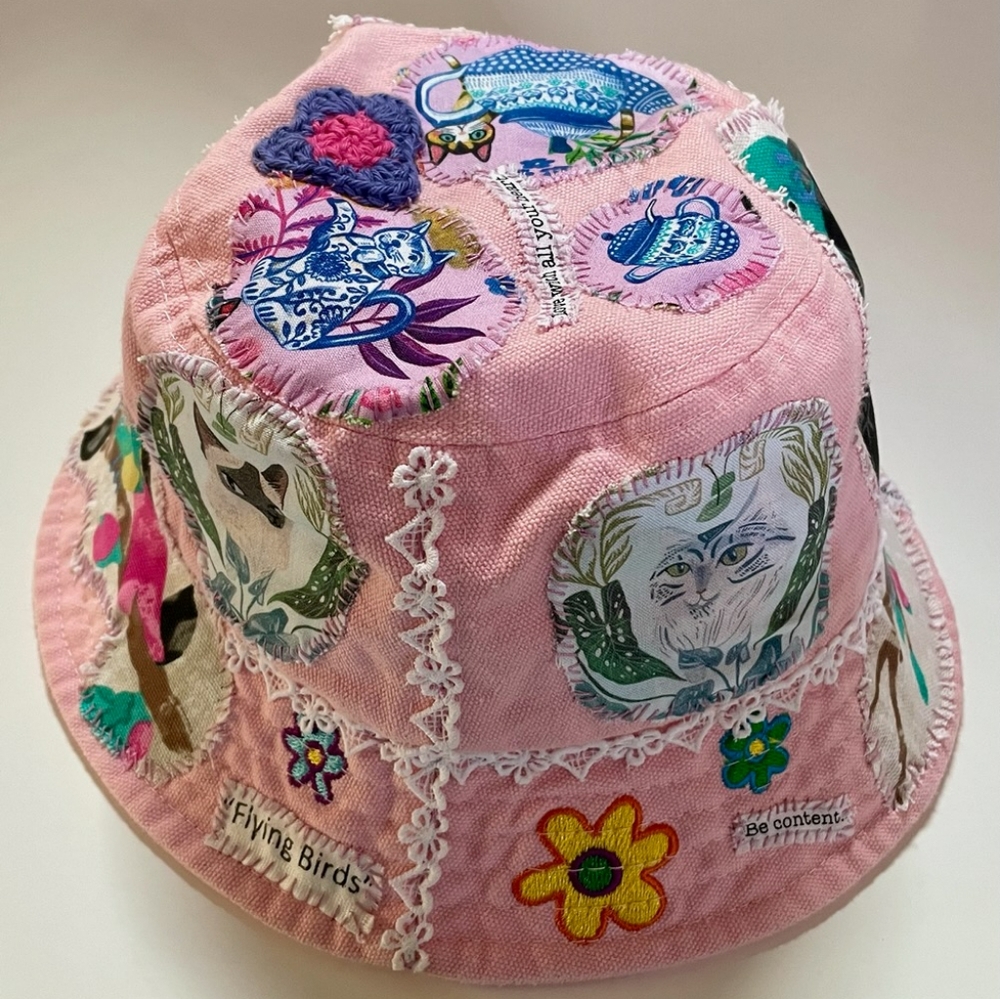 Artisan Upcycled Urban Outfitters Pink Embroidered embellished Bucket Hat - Picture 1 of 7